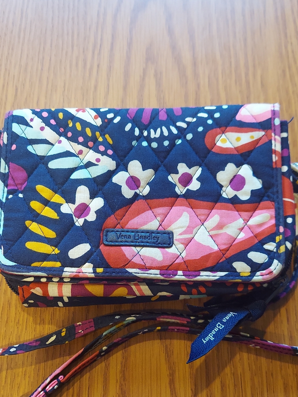 Vera Bradley Navy Floral Quilted Crossbody/Wristlet with Pink and Yellow Accents